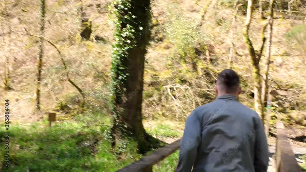 SLOW MOTION of young man running along a carved wooden forest path SLOW MOTION of young man running along a carved wooden forest path