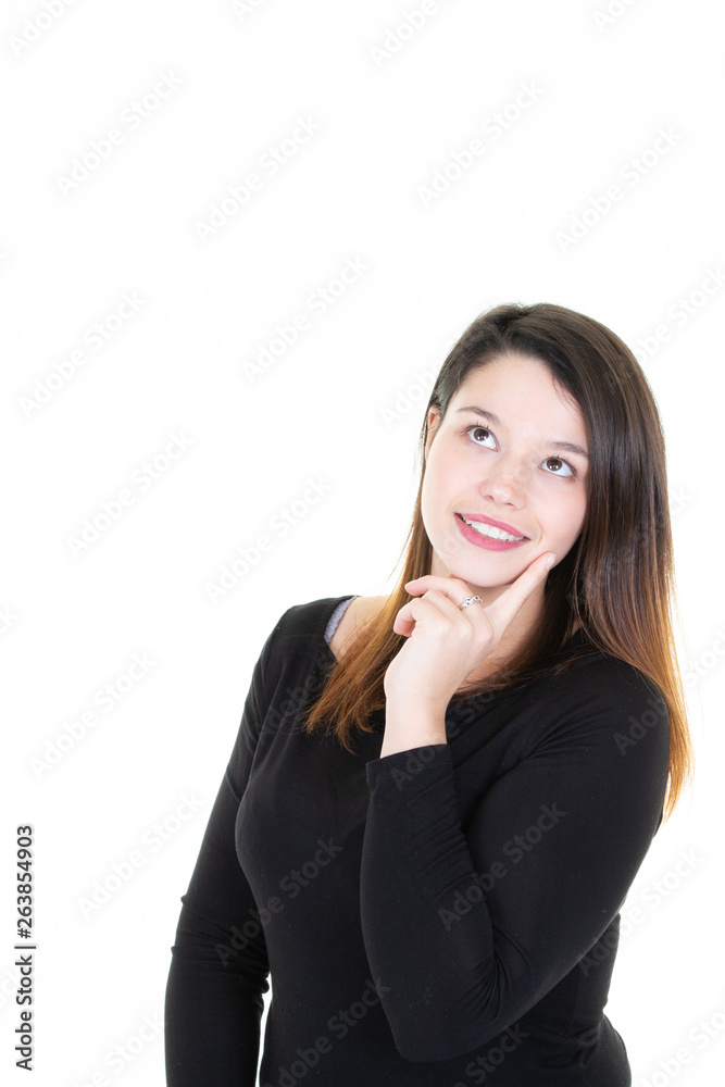 pensive dreaming young woman finger on lips dream in copy space up pensive dreaming young woman finger on lips dream in copy space up