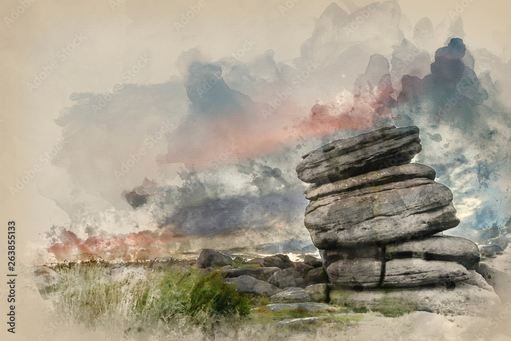 Watercolor painting of Stunning dawn sunrise landscape image of Higger Tor in Summer in Peak District England
