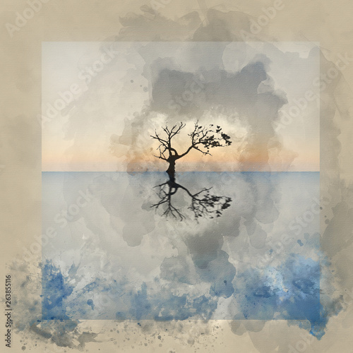 Watercolor painting of Conceptual image of single tree in still water with sunburst