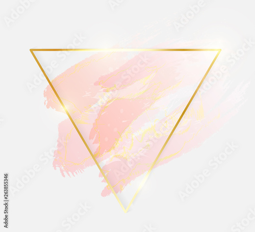 Gold shiny glowing triangle frame with rose pastel brush strokes isolated on white background. Golden luxury line border for invitation, card, sale, fashion, wedding, photo etc. Vector illustration