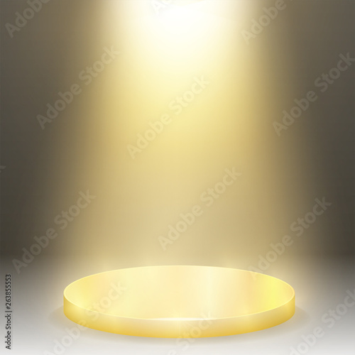 Golden round pedestal sanctified with light. Empty white podium illuminated mockup isolated. Champion, first place, award, win, winner, award stair concept design. Vector