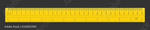 Realistic plastic yellow tape ruler isolated on black background. Double sided measurement in cm and inches. Vector illustration