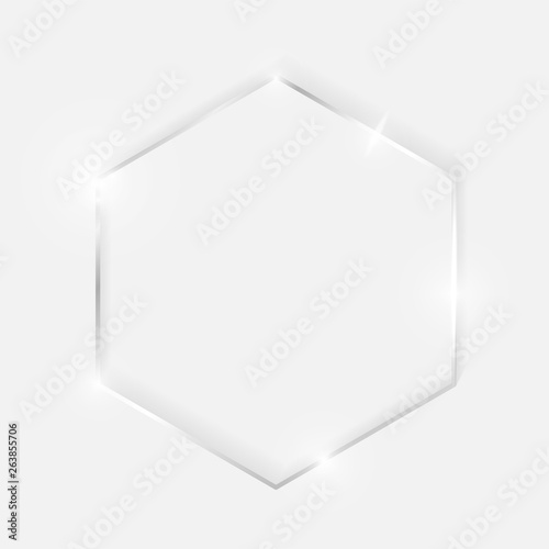Silver shiny glowing vintage hexagon frame with shadows isolated on white background. White gold luxury realistic border. Wedding, mothers or Valentines day concept. Xmas and New Year abstract. Vector