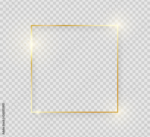 Gold shiny glowing vintage frame with shadows isolated on transparent background. Golden luxury realistic square border. Vector illustration