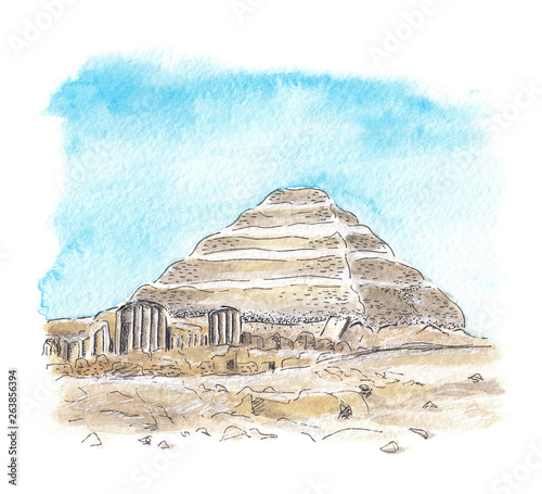 Egyptian pyramid of Djoser. The watercolor. Architectural sketch. Isolated on white.