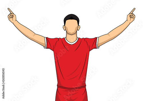 Soccer player on red uniform. happy celebration isolated on white background