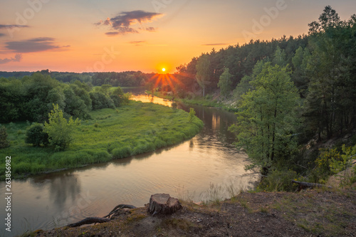 Sunset over the Pilica river near Sulejow, Lodzkie, Poland
