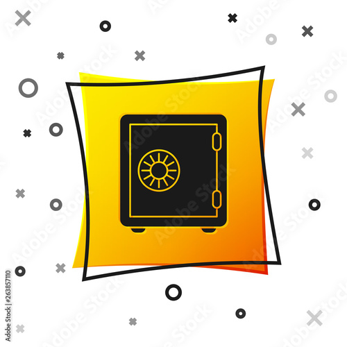 Black Safe icon isolated on white background. The door safe a bank vault with a combination lock. Reliable Data Protection. Yellow square button. Vector Illustration