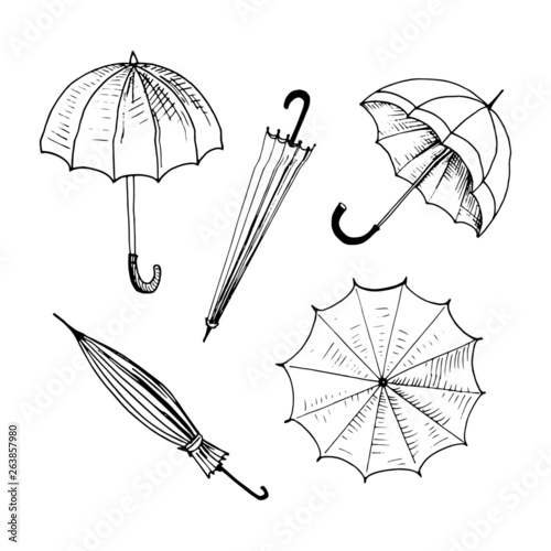 Umbrellas set. Collection of isolated sketchy style umbrellas. Doodle umbrellas in black and white. Hand drawn vector illustration without background.