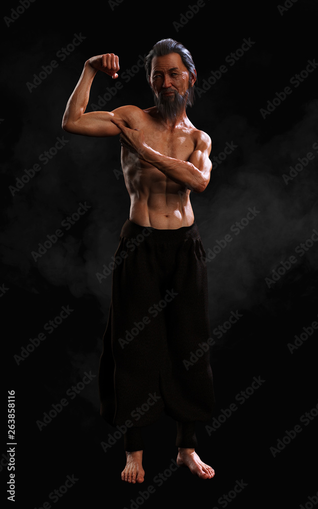3d Illustration Human Martial Arts Sports Training with Clipping Path, Kung Fu Master, Muscle Man in Dark Background. 