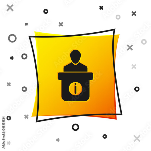 Black Information desk icon isolated on white background. Man silhouette standing at information desk. Help person symbol. Information counter icon. Yellow square button. Vector Illustration