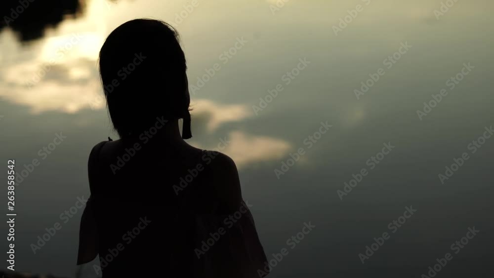 Silhouette of a girl turning head on a silvery water background