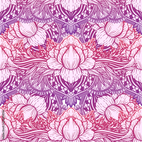 Art seamless pattern lotus flower mandala. Ethnic abstract print. Colorful repeating background texture. Culture bohemian ornament.