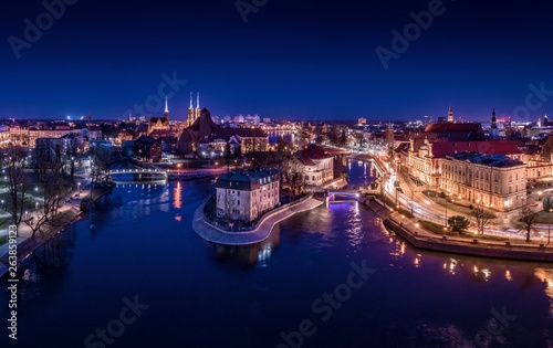 Wrocław at night panorama aerial view