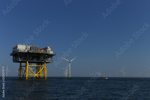 view of the offshore windmills of Rampion windfarm off the coast of Brighton, Sussex, UK