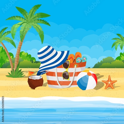 Coconut with cold drink, alcohol cocktail, flip-flops, ball. Bag, sunglasses, starfish. Landscape of palm tree on beach. Vacation and holidays. Vector illustration flat style