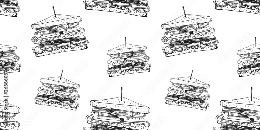 Vector Seamless Pattern, Hand Drawn Outline Sandwiches, Fast Food Illustration, Background.