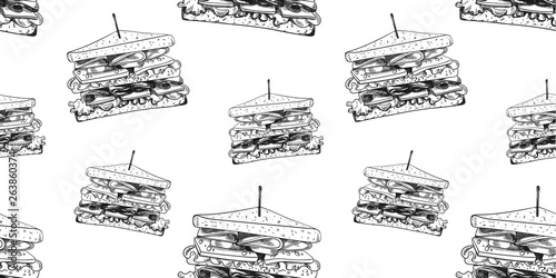 Vector Seamless Pattern, Hand Drawn Outline Sandwiches, Fast Food Illustration, Background.
