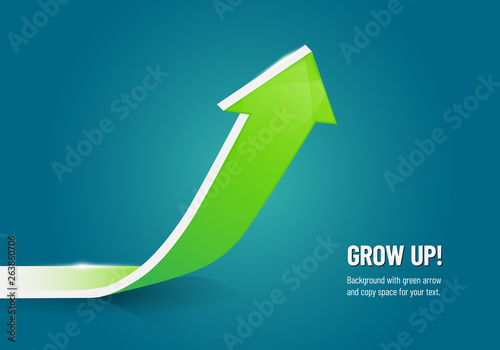 Shiny green 3d arrow pointing upwards on blue background