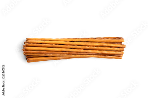 Cracker pretzel sticks isolated on white background.