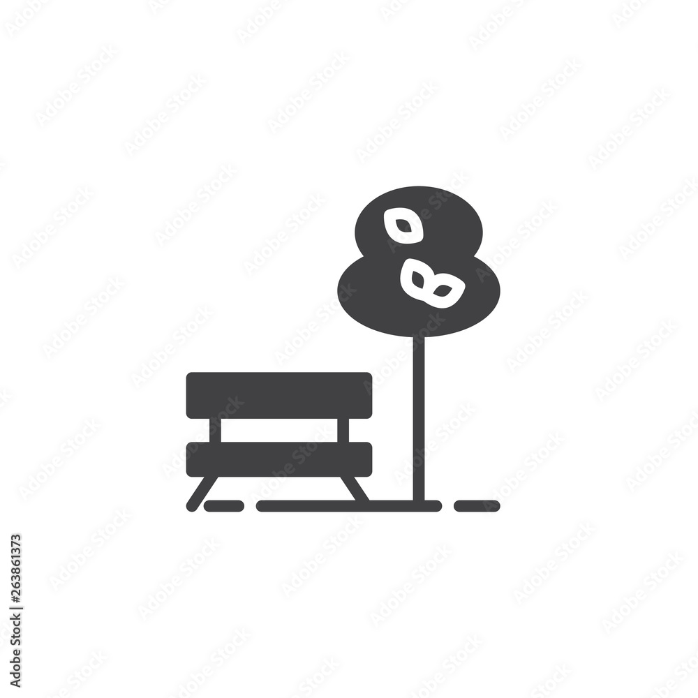 Bench and tree vector icon. filled flat sign for mobile concept and web design. Outdoor, park glyph icon. Symbol, logo illustration. Pixel perfect vector graphics Bench and tree vector icon. filled flat sign for mobile concept and web design. Outdoor, park glyph icon. Symbol, logo illustration. Pixel perfect vector graphics