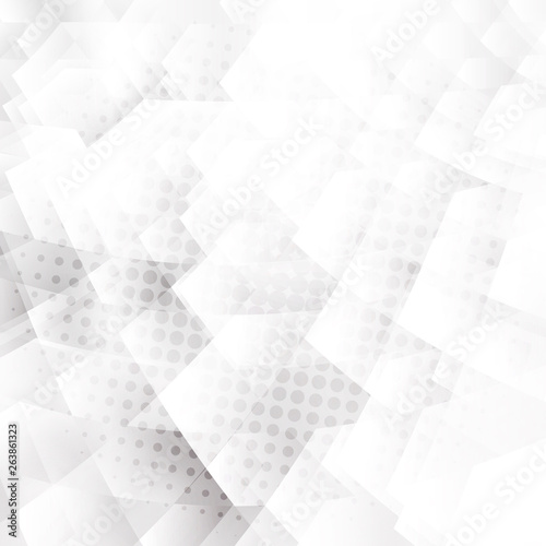 Abstract white and gray geometric hexagons shapes overlapping background with halftone effect.