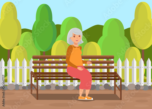 Elderly Lady Sitting on Bench Flat Illustration