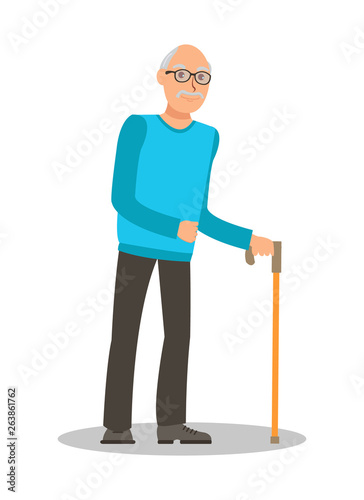 Old Man with Walking Cane Flat Vector Illustration