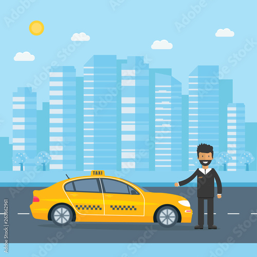 Poster with the machine yellow cab in the city. Public taxi