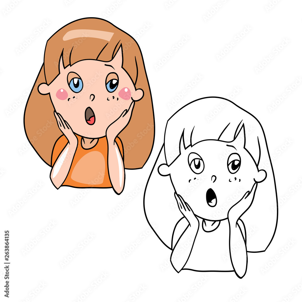 Set of drawings in vector, coloring book, cartoon character, girl with a  surprised frightened face Stock Vector | Adobe Stock