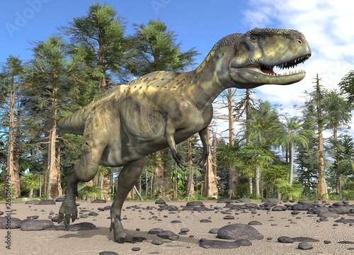 Dinosaur 3d illustration against the background of the Mesozoic Forest © elenaed
