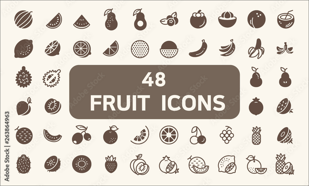 Set of 48 fruit and vegetarian food Icons solid style.  Contains such Icons as pineapple, orange, lemon, melon, pomegranate, peach, strawberry, kiwi fruit And Other Elements. 