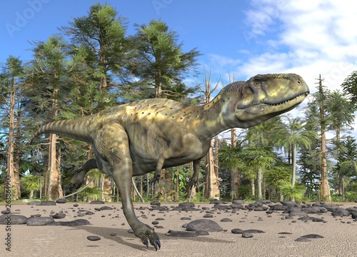 Dinosaur 3d illustration against the background of the Mesozoic Forest