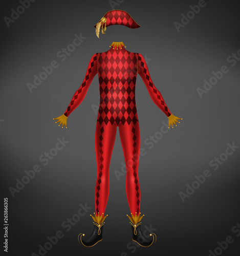 Harlequin costume isolated on black background. Venetian carnival red suit with rhombus pattern for italian theater comedian character or traditional Venice masquerade Realistic 3d vector illustration