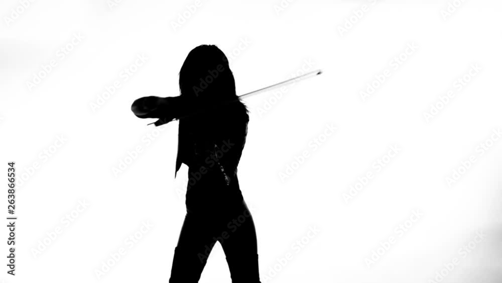 black silhouette on white background young girl in tight black leather clothes expressively plays the electric violin black silhouette on white background young girl in tight black leather clothes expressively plays the electric violin