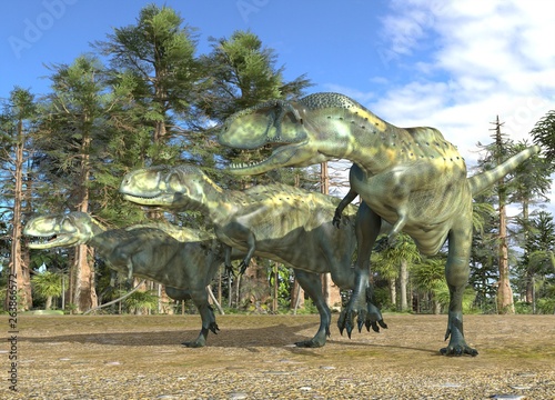 Dinosaurs 3d illustration against the background of the Mesozoic Forest