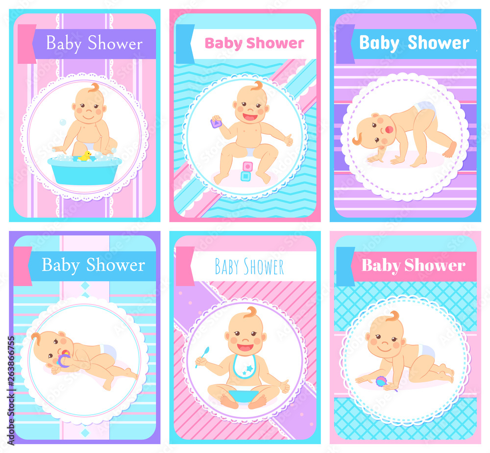 Baby shower vector, happy childhood flat style. Crawling and active children eating food holding spoon and playing with toys. Water with bubbles and duck