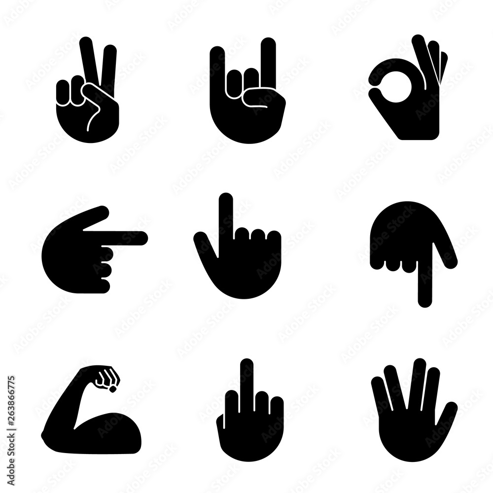 Fototapeta premium Hand gesture emojis glyph icons set