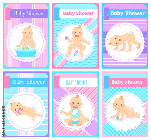 Baby shower vector  happy childhood flat style. Crawling and active children eating food holding spoon and playing with toys. Water with bubbles and duck