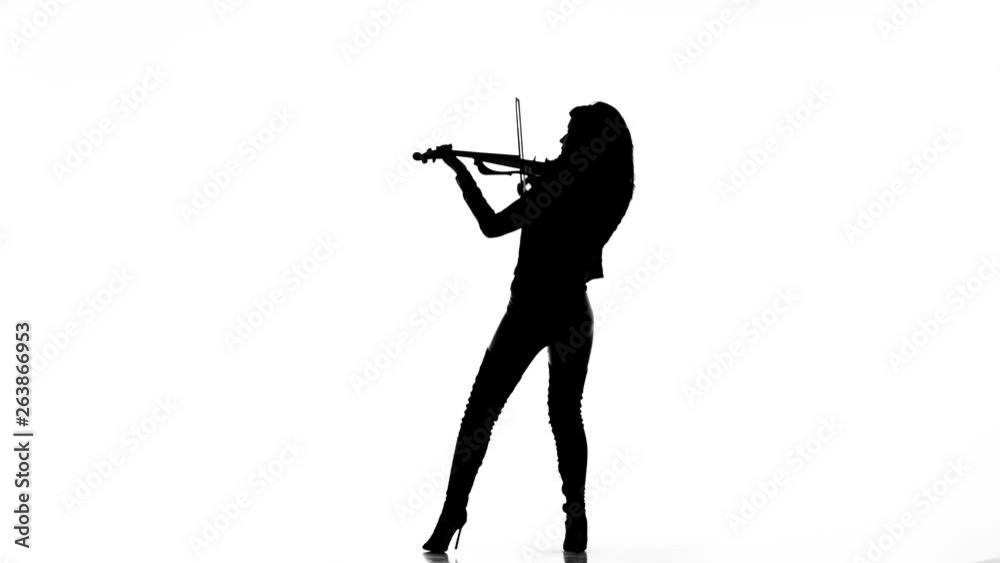 black silhouette on white background young girl in tight black leather clothes expressively plays the electric violin black silhouette on white background young girl in tight black leather clothes expressively plays the electric violin