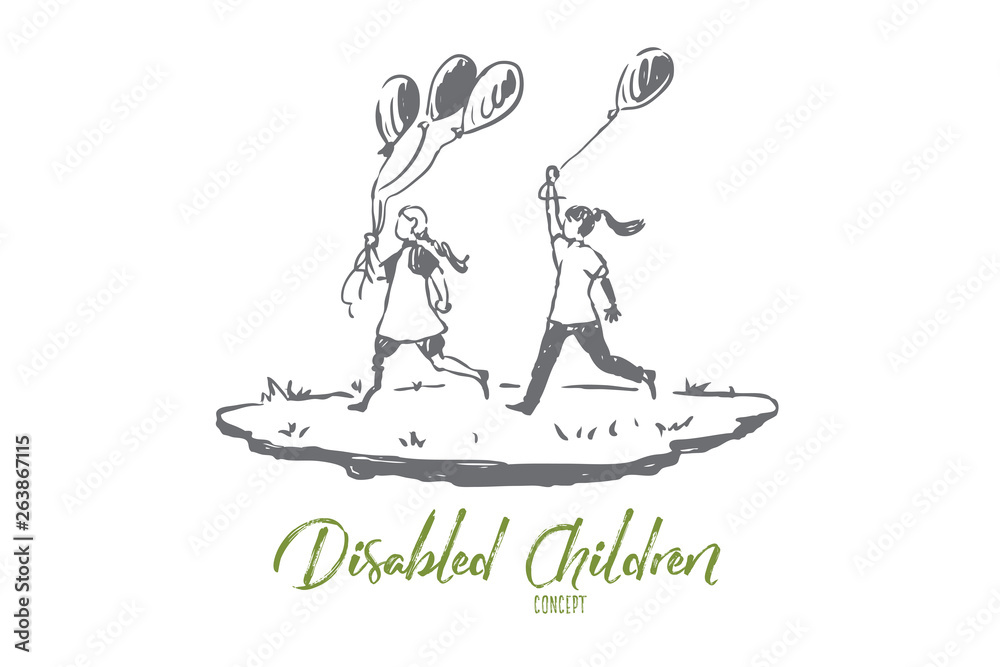 Handicapped, girl, balloon, friend, disability concept. Hand drawn isolated vector.