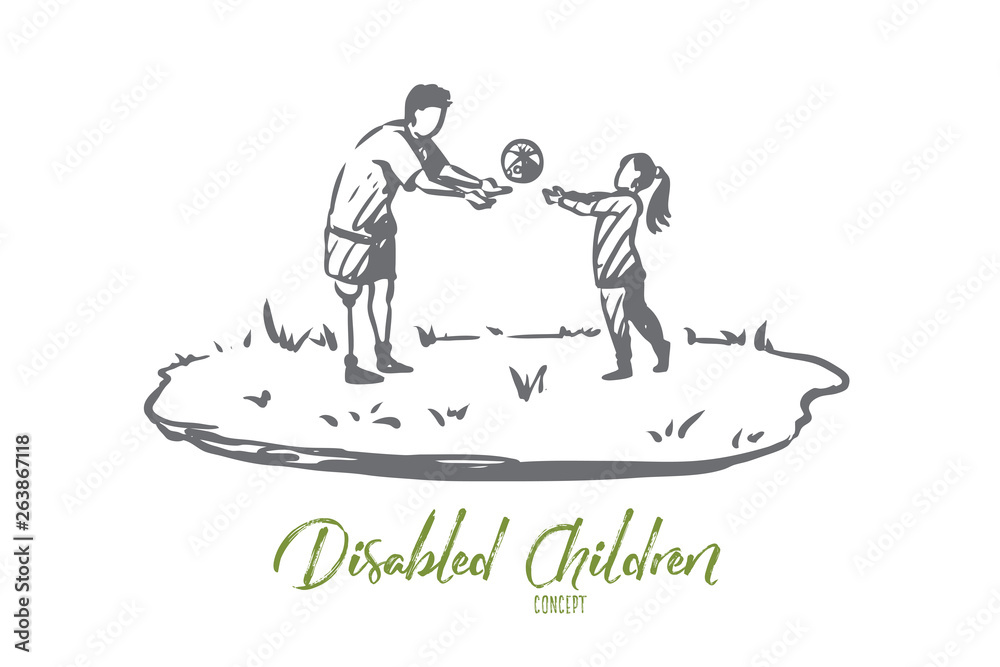 Handicapped, boy, disabled, play, ball, prosthesis concept. Hand drawn isolated vector.