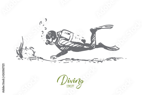 Scuba, diving, underwater, sport, sea concept. Hand drawn isolated vector.