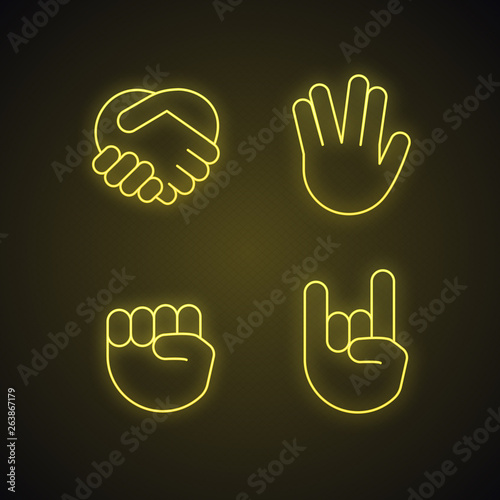 Hand gesture emojis neon light icons set
