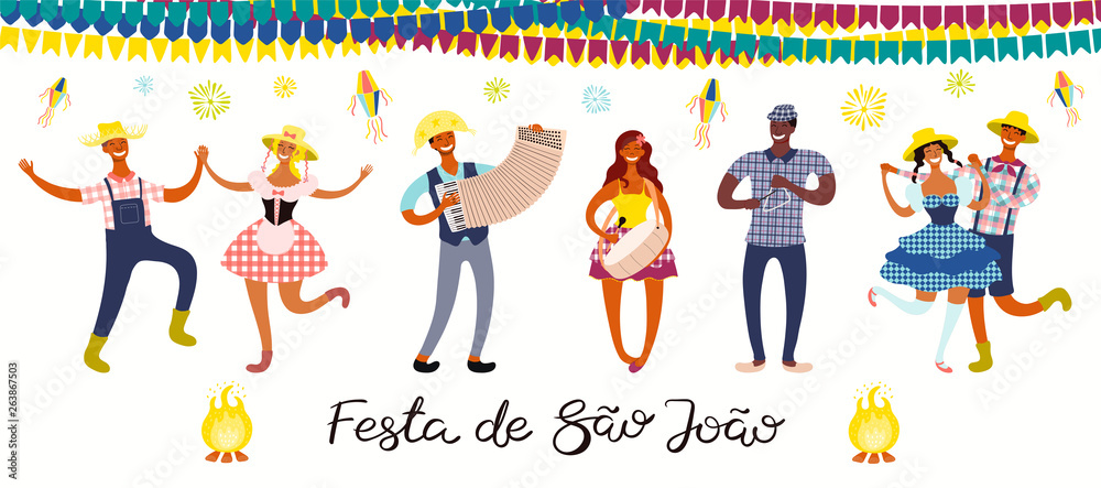 Festa Junina banner with dancing people, musicians, lanterns, Portuguese text Festa de Sao Joao. Isolated objects. Hand drawn vector illustration. Flat style design. Concept for holiday poster, flyer.