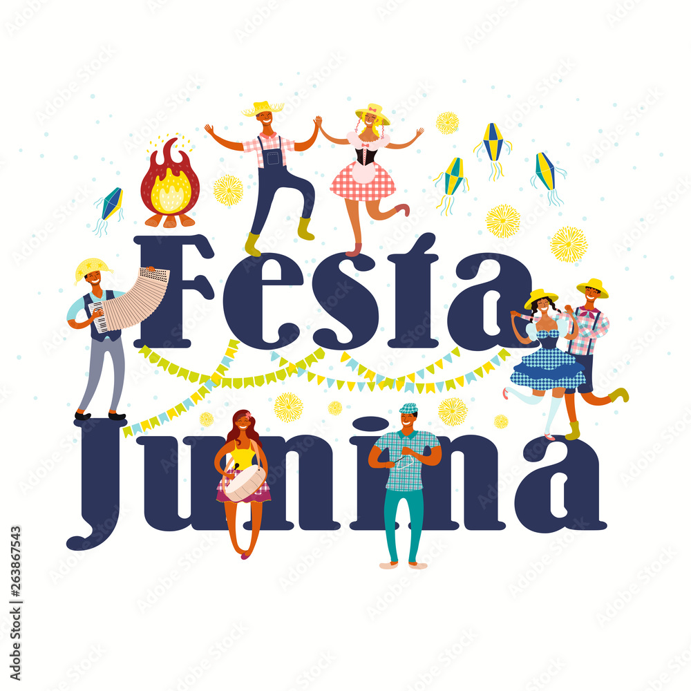 Fototapeta premium Festa Junina poster with dancing people, musicians, lanterns, bunting, fireworks, bonfire, Portuguese text. Hand drawn vector illustration. Flat style design. Concept for holiday banner, flyer