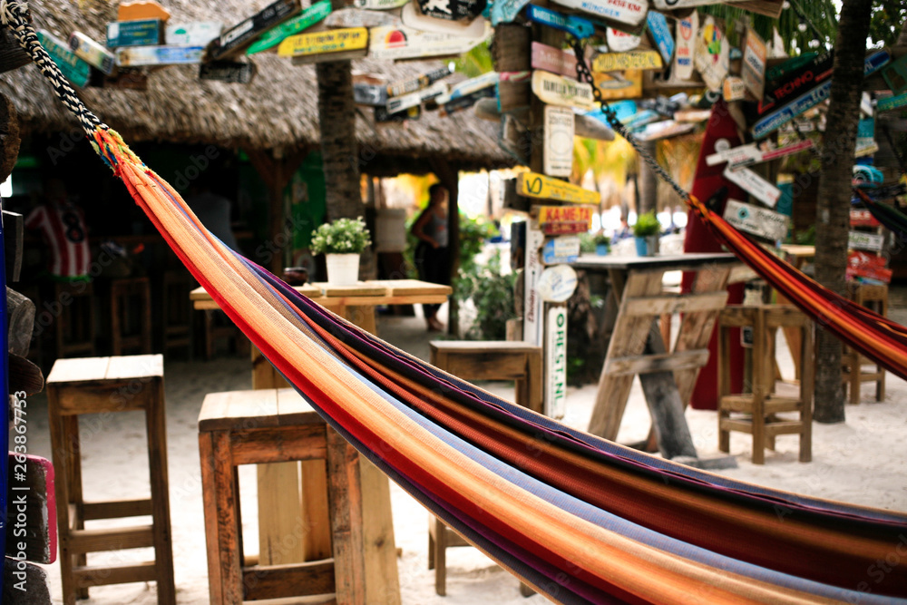 Beach bar interior with hamak