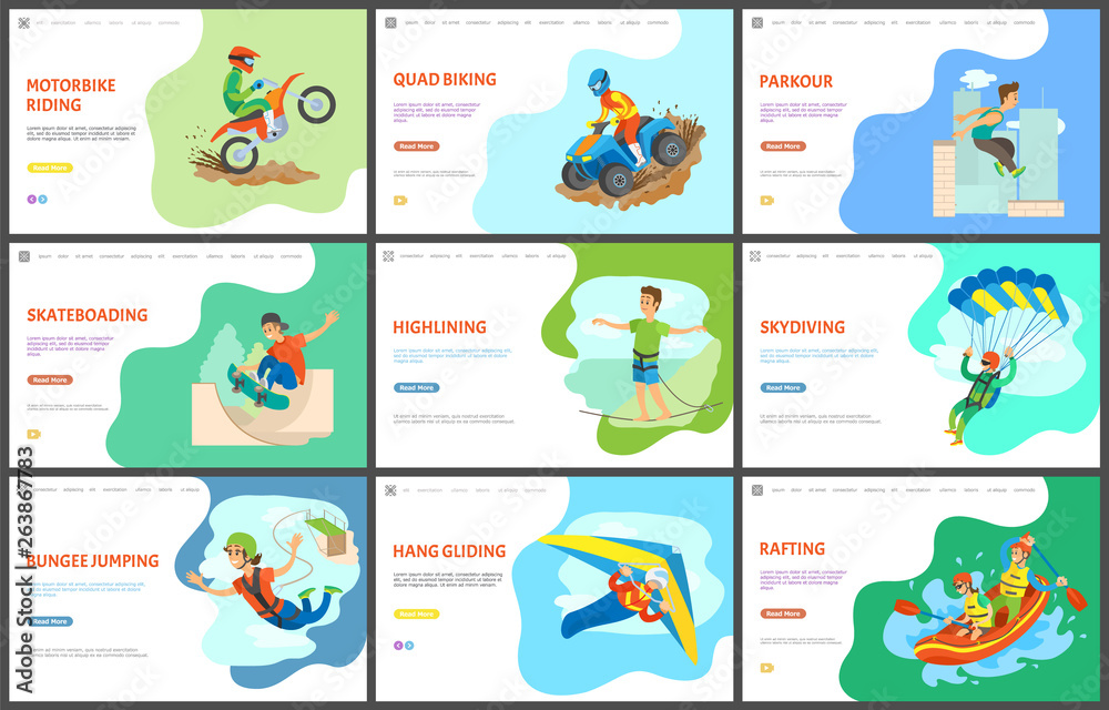Highlining and motorbike biking, quad bike vector, active lifestyle. Parkour and skateboarding, skydiving and rafting in boat, team in water sports. Website or webpage template, landing page flat