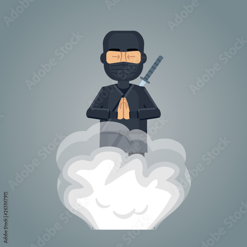 Illustration of a disappearing ninja. Ninja using secret technique to become invisible. Ninja magic. Flat style vector illustration.